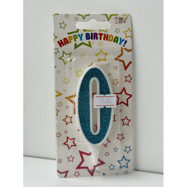 Свічка цифра біла бірюзовий глітер 0