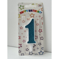 Свічка цифра біла бірюзовий глітер 1