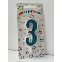 Свічка цифра біла бірюзовий глітер 3