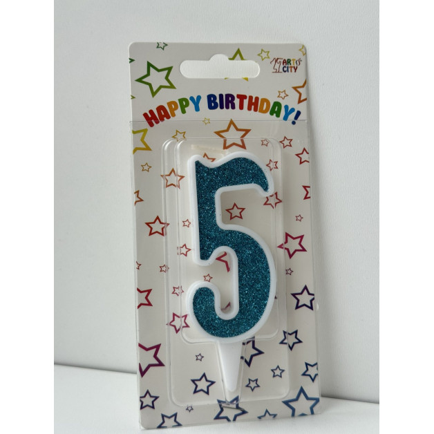 Свічка цифра біла бірюзовий глітер 5