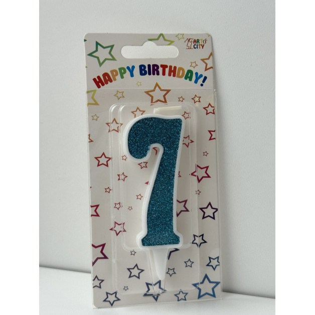 Свічка цифра біла бірюзовий глітер 7