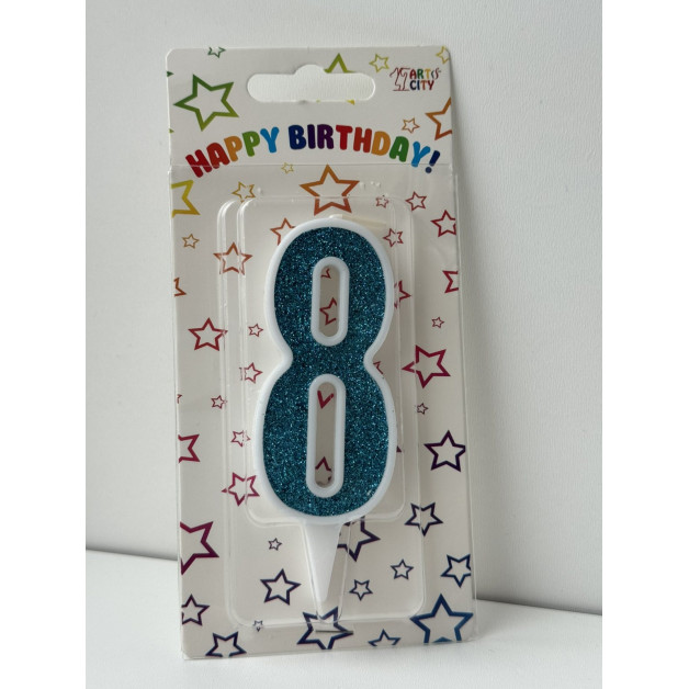 Свічка цифра біла бірюзовий глітер 8
