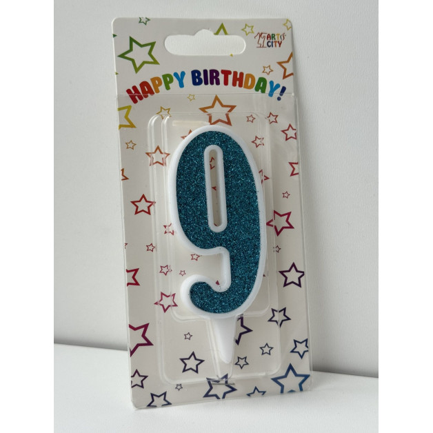 Свічка цифра біла бірюзовий глітер 9