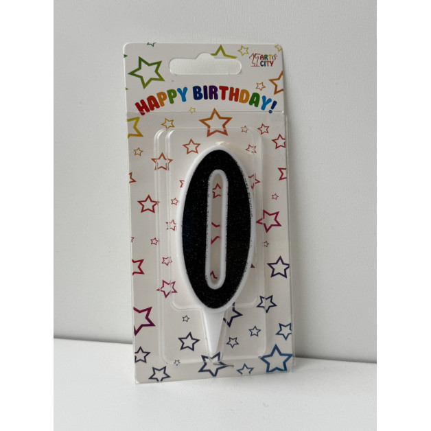 Свічка цифра біла чорний глітер 0