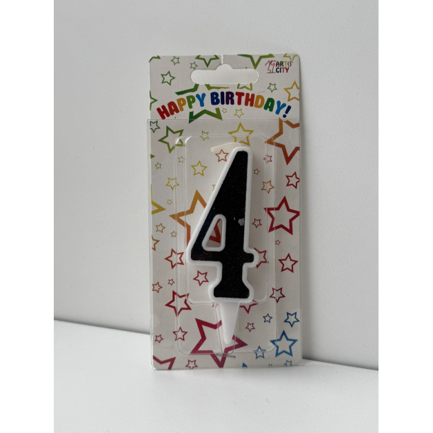Свічка цифра біла чорний глітер 4