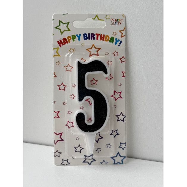 Свічка цифра біла чорний глітер 5