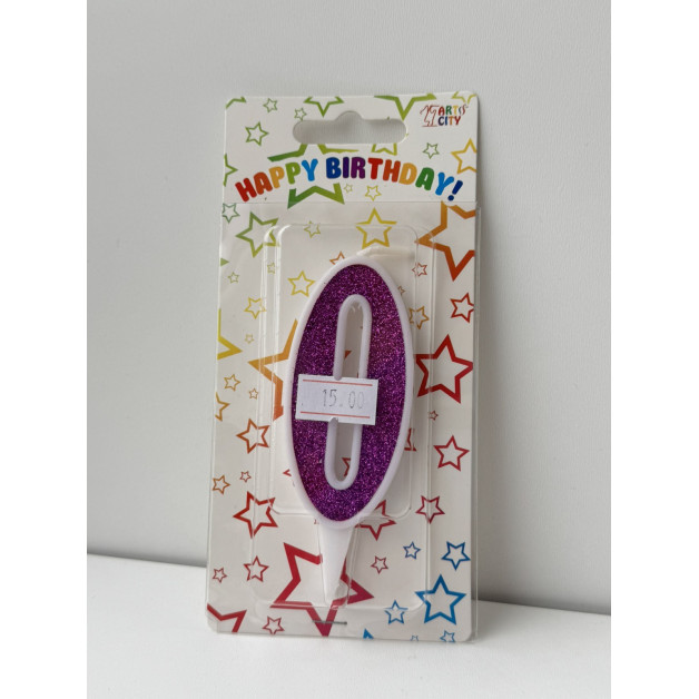 Свічка цифра біла фіолетовий глітер 0