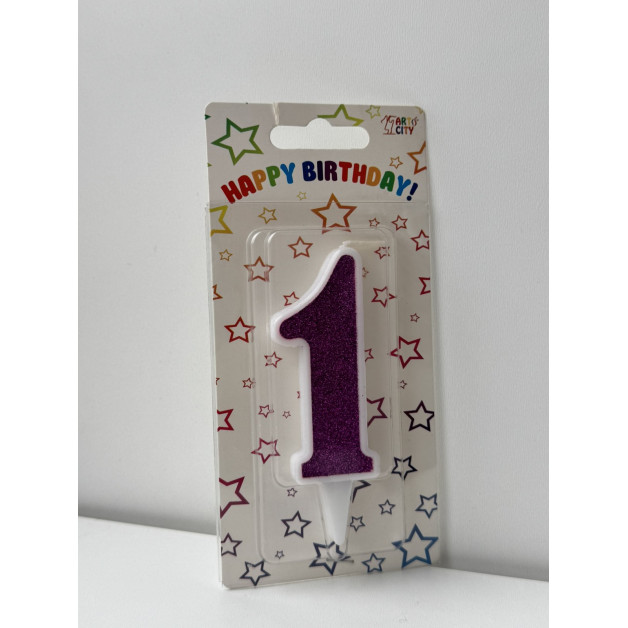 Свічка цифра біла фіолетовий глітер 1