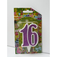 Свічка цифра біла фіолетовий глітер 16