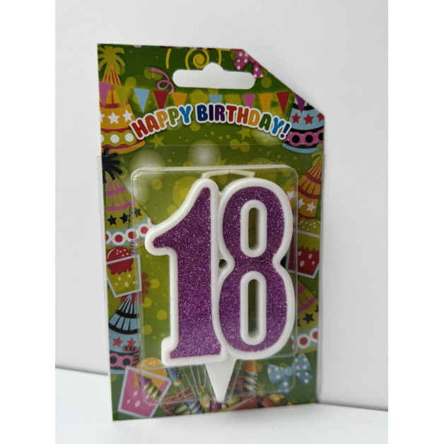 Свічка цифра біла фіолетовий глітер 18