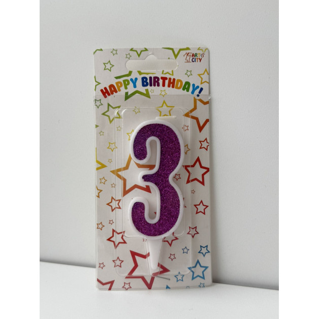 Свічка цифра біла фіолетовий глітер 3