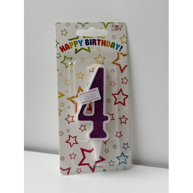 Свічка цифра біла фіолетовий глітер 4