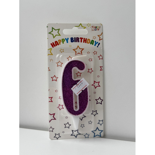 Свічка цифра біла фіолетовий глітер 6