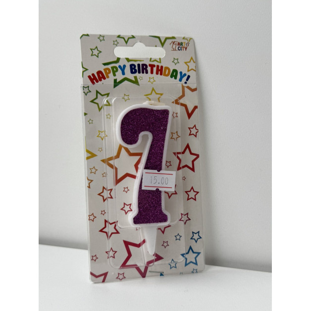 Свічка цифра біла фіолетовий глітер 7