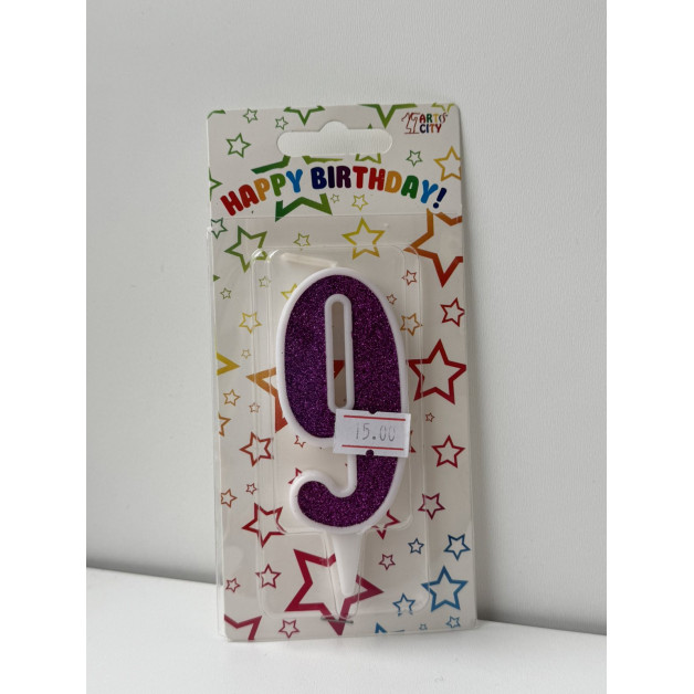 Свічка цифра біла фіолетовий глітер 9