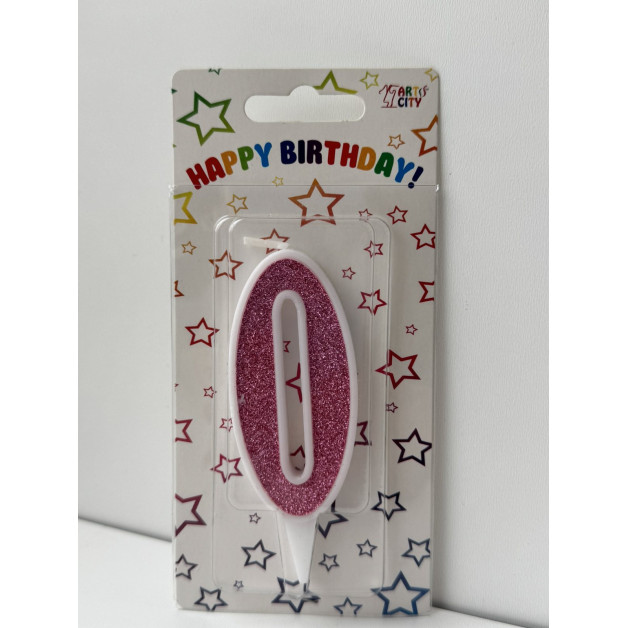 Свічка цифра біла рожевий глітер 0