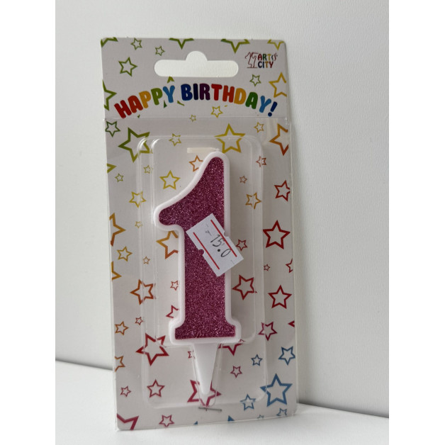Свічка цифра біла рожевий глітер 1