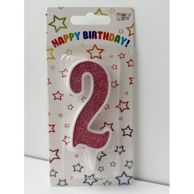 Свічка цифра біла рожевий глітер 2