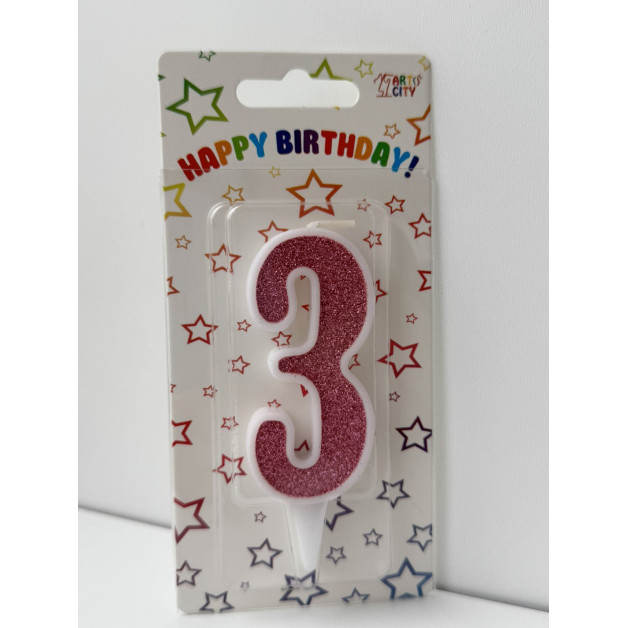 Свічка цифра біла рожевий глітер 3