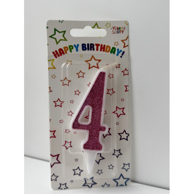 Свічка цифра біла рожевий глітер 4