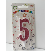 Свічка цифра біла рожевий глітер 5