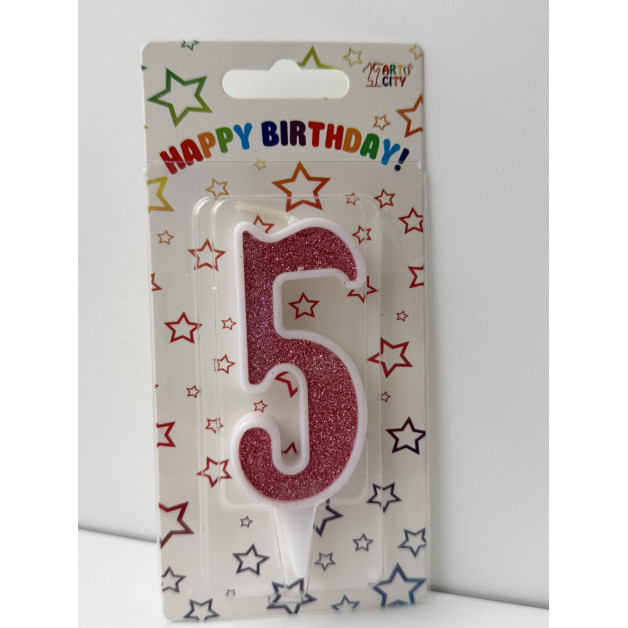 Свічка цифра біла рожевий глітер 5