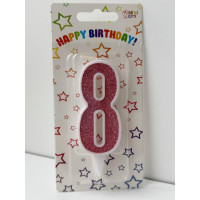 Свічка цифра біла рожевий глітер 8