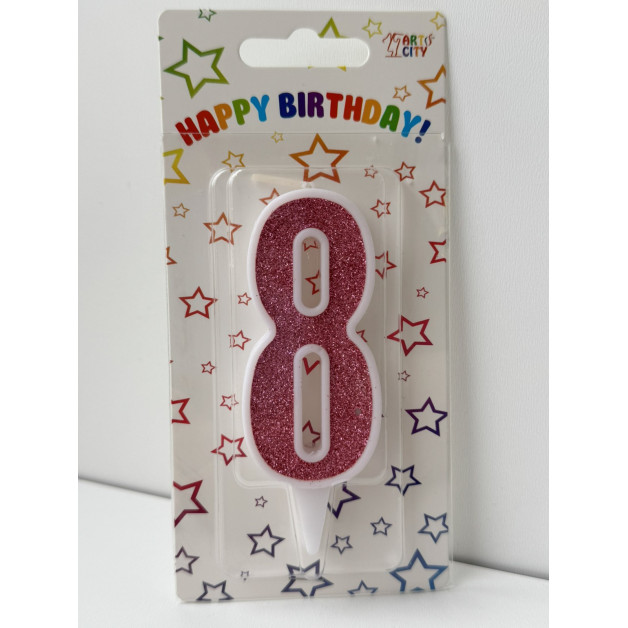 Свічка цифра біла рожевий глітер 8