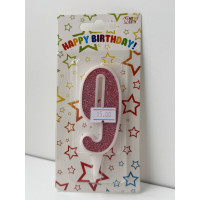 Свічка цифра біла рожевий глітер 9