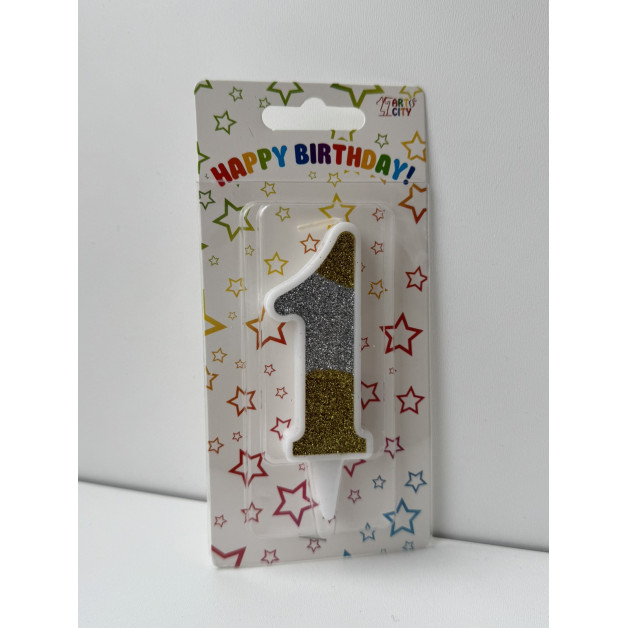 Свічка цифра біла сріб-зол глітер 1
