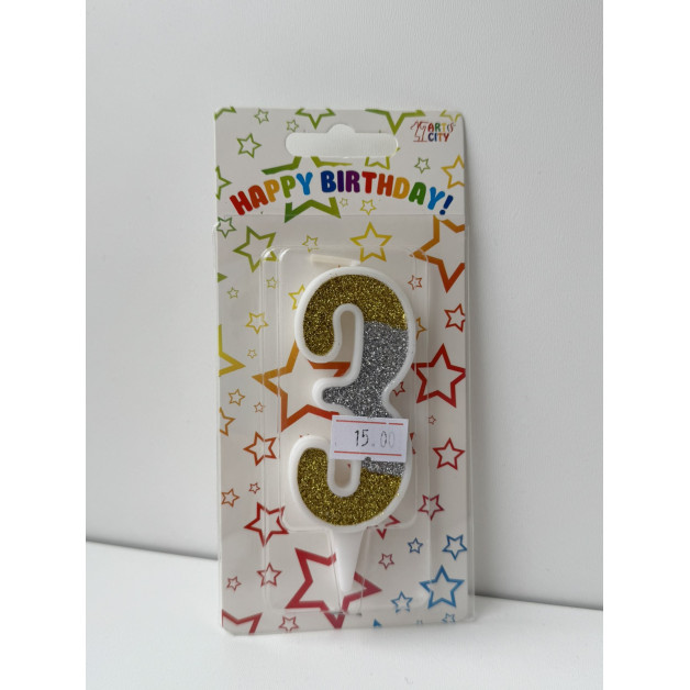 Свічка цифра біла сріб-зол глітер 3