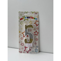 Свічка цифра біла сріб-зол глітер 5