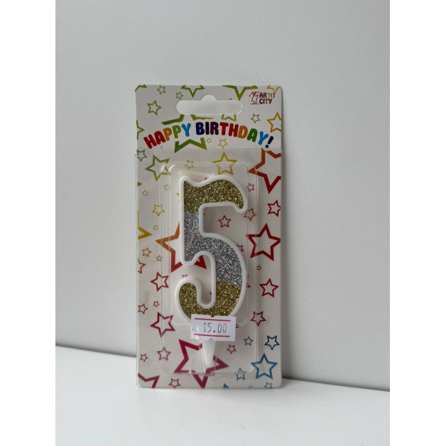 Свічка цифра біла сріб-зол глітер 5