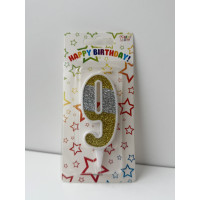 Свічка цифра біла сріб-зол глітер 9