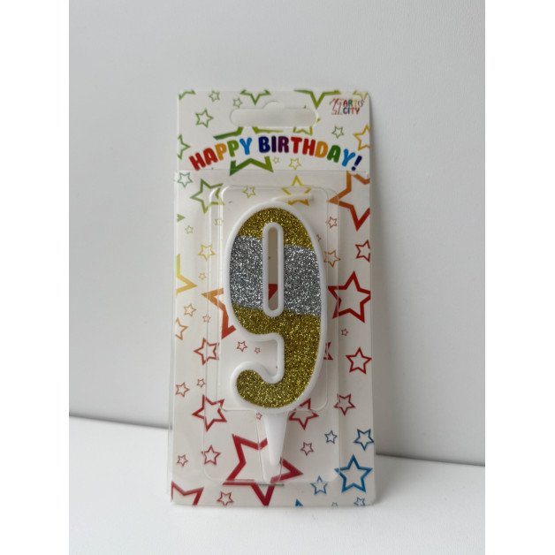 Свічка цифра біла сріб-зол глітер 9