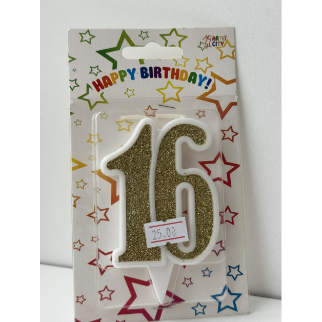 Свічка цифра біла золотий глітер 16