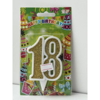 Свічка цифра біла золотий глітер 18