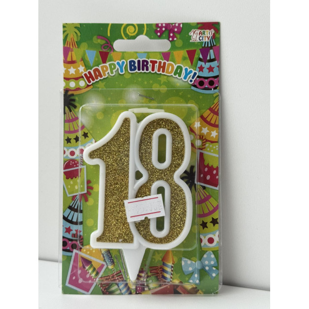 Свічка цифра біла золотий глітер 18