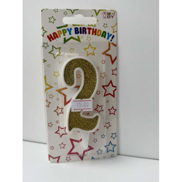 Свічка цифра біла золотий глітер 2
