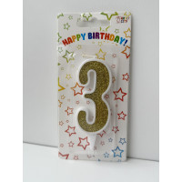 Свічка цифра біла золотий глітер 3