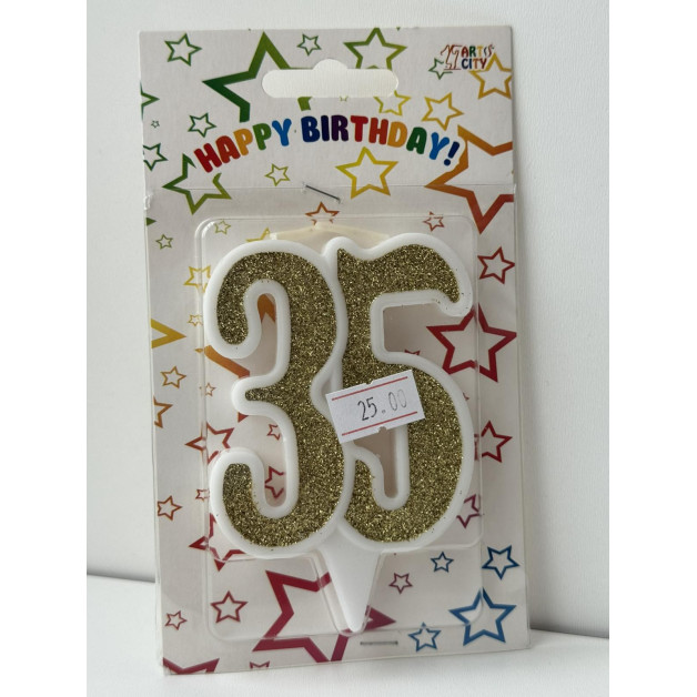 Свічка цифра біла золотий глітер 35
