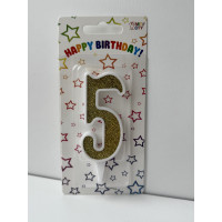 Свічка цифра біла золотий глітер 5