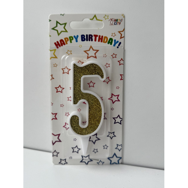 Свічка цифра біла золотий глітер 5