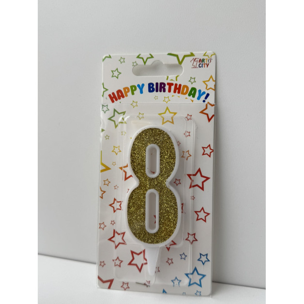 Свічка цифра біла золотий глітер 8