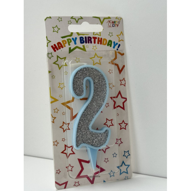 Свічка цифра блакитна срібний глітер 2