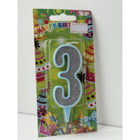 Свічка цифра блакитна срібний глітер 3