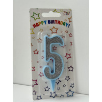 Свічка цифра блакитна срібний глітер 5