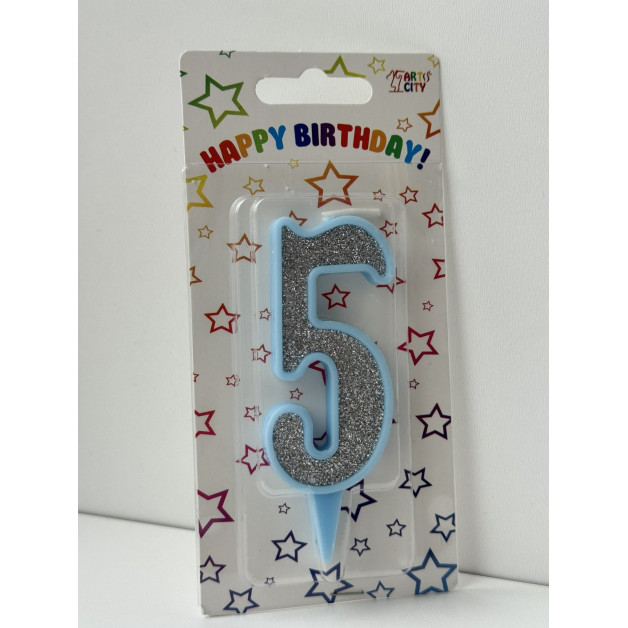 Свічка цифра блакитна срібний глітер 5