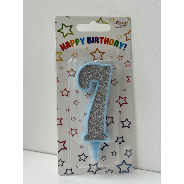Свічка цифра блакитна срібний глітер 7