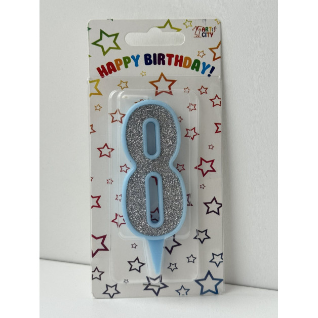 Свічка цифра блакитна срібний глітер 8